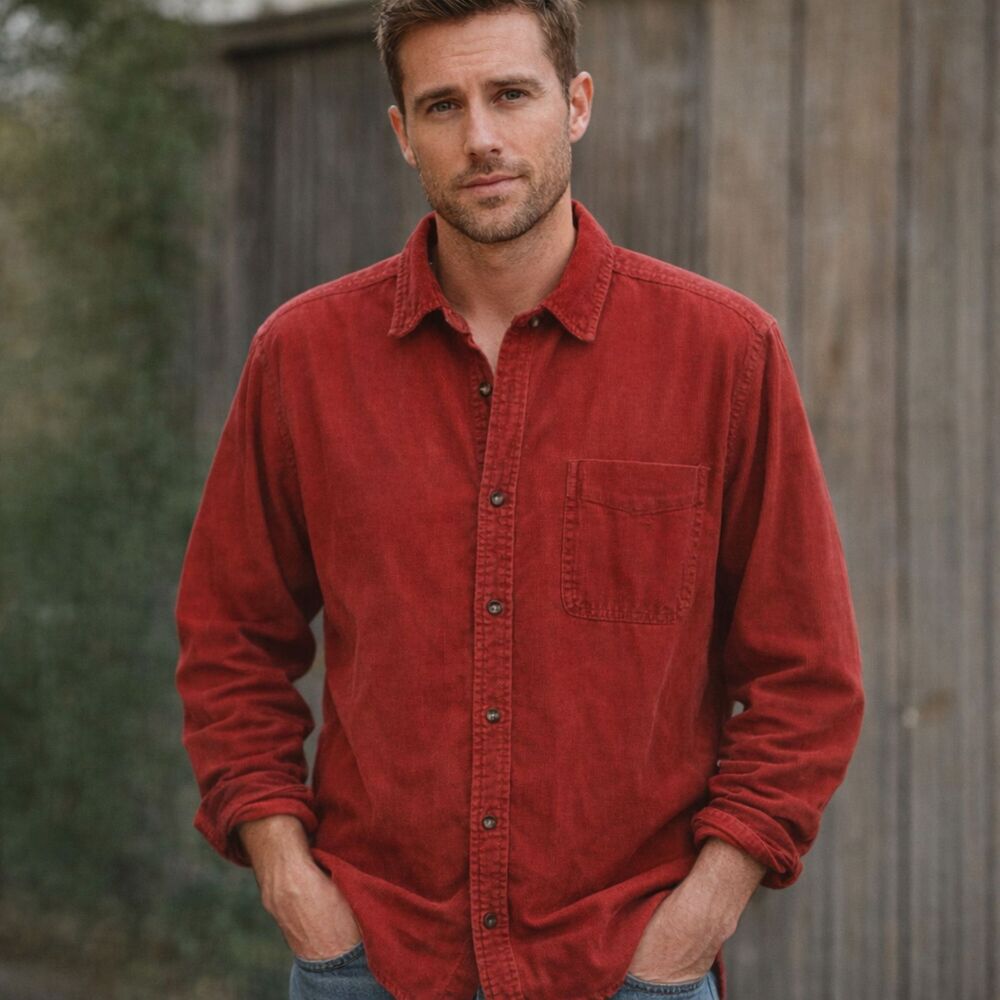 Newton Trading Co Corduroy Shirt Mens Sz L VTG 80s Red Button Front Long Sleeve